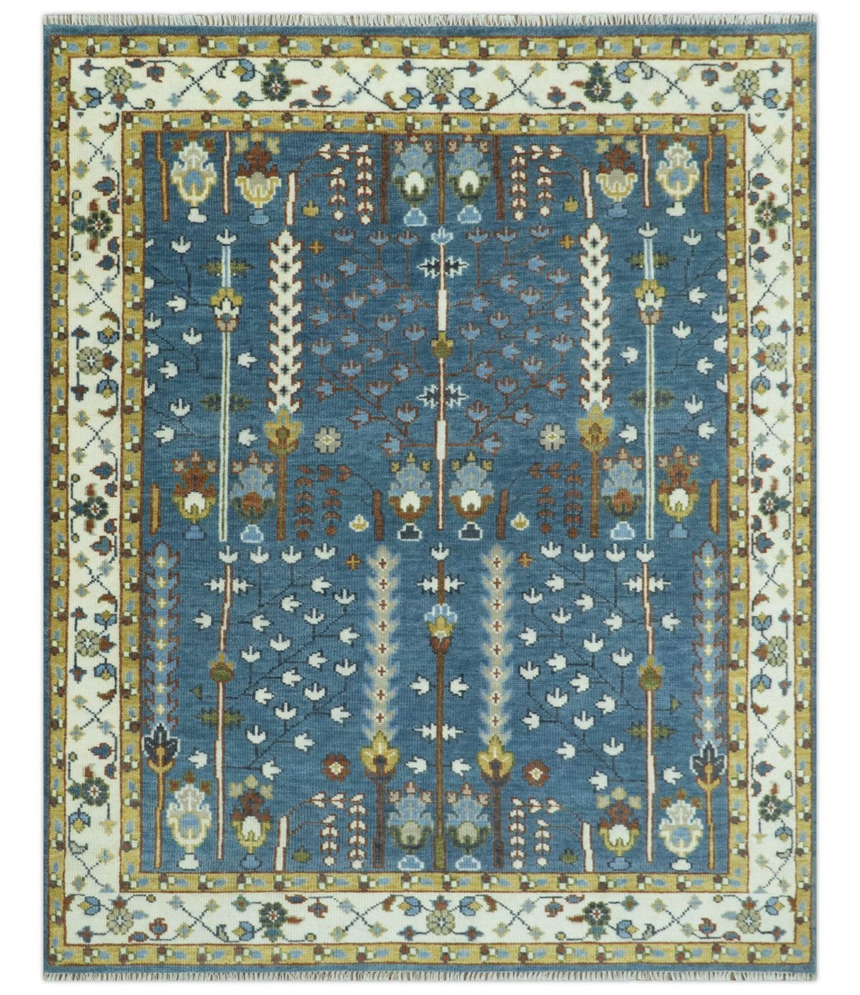 Ready to Ship Tree of Life Traditional Hand Knotted 8x10 Teal Blue and Ivory Wool Area Rug