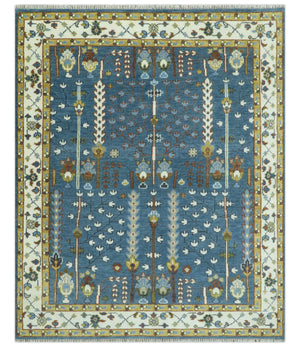 Ready to Ship Tree of Life Traditional Hand Knotted 8x10 Teal Blue and Ivory Wool Area Rug