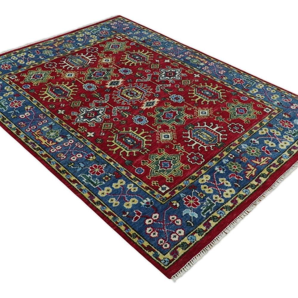 Custom Made Maroon and Blue Antique Turkish Hand Knotted Wool Area Rug