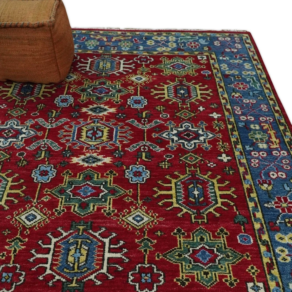 Custom Made Maroon and Blue Antique Turkish Hand Knotted Wool Area Rug