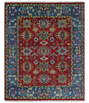 Custom Made Maroon and Blue Antique Turkish Hand Knotted Wool Area Rug