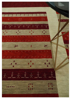 6x8 Maroon and Beige Striped Wool Hand Woven Southwestern Lori Gabbeh Rug