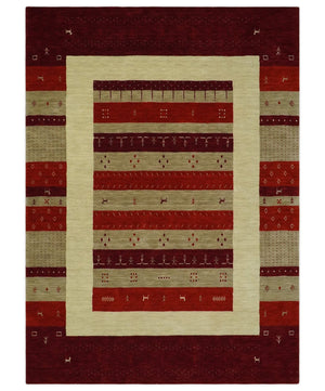 6x8 Maroon and Beige Striped Wool Hand Woven Southwestern Lori Gabbeh Rug