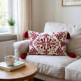 Red & White Embroidered Throw Pillow with Tassels  Handcrafted Elegance for Your Home