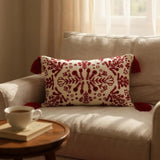 Red & White Embroidered Throw Pillow with Tassels  Handcrafted Elegance for Your Home