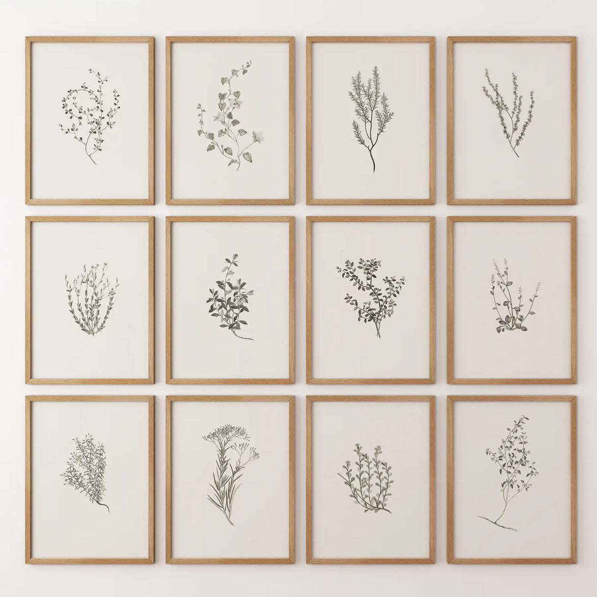 Minimalist Herbal Botanical Wall Art. Vintage Set of 12 Prints