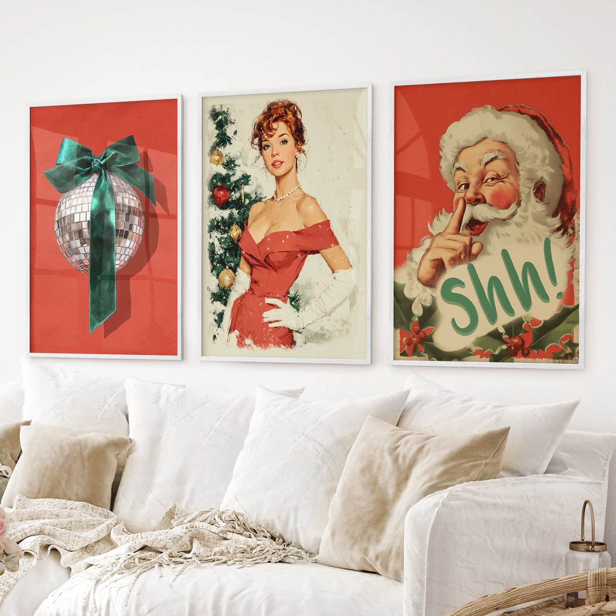 Retro Holiday 3 Piece Wall Art: Santa, Pin-Up Girl, Disco Ball