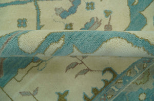 Richmond Custom Made Ivory and Teal Hand Knotted Oushak Wool Rug
