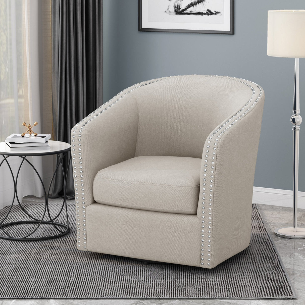 Riverbed Upholstered Swivel Chair with Nailhead Trim and Sloped Arms - Accent Chairs