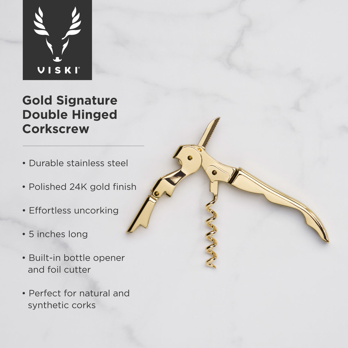 Belmont 24k signature double-hinged corkscrew in gold viski®
