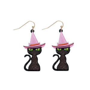 Purple Hat Black Cat Earrings