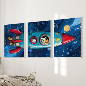 Outer Space Kids Wall Art. Rocket and Stars Nursery Prints