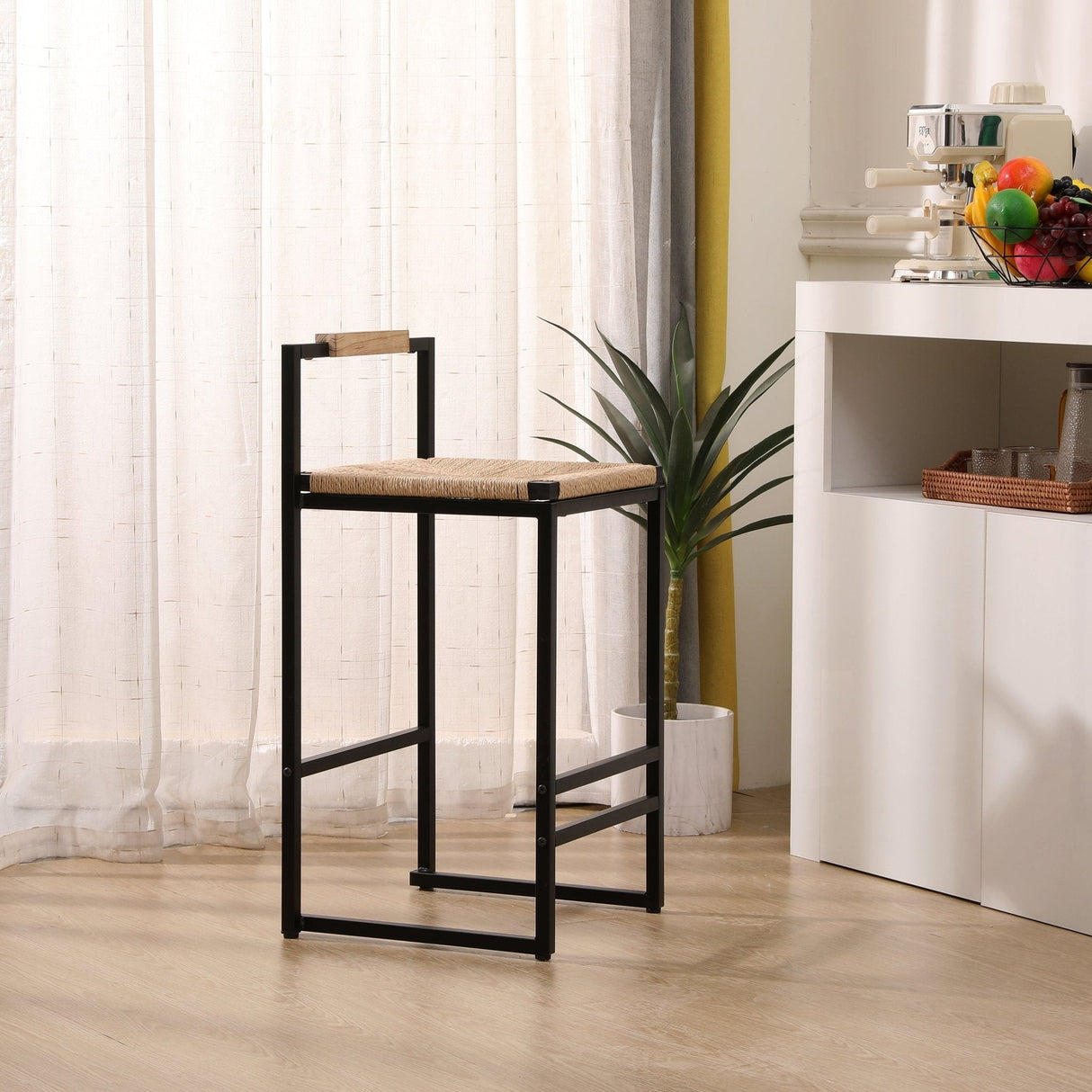 Rope Woven Bar Stool with Low Back and Metal Base, Set of 2 - Bar Stools