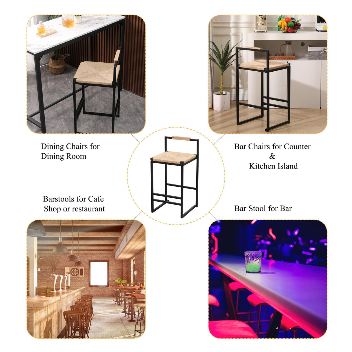 Rope Woven Bar Stool with Low Back and Metal Base, Set of 2 - Bar Stools