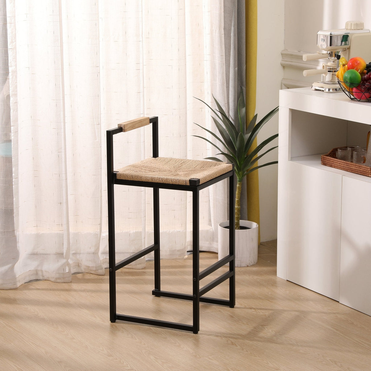 Rope Woven Bar Stool with Low Back and Metal Base, Set of 2 - Bar Stools
