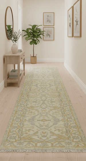 Runner Hand Knotted Traditional Oushak Design Beige 3x10 Wool Rug