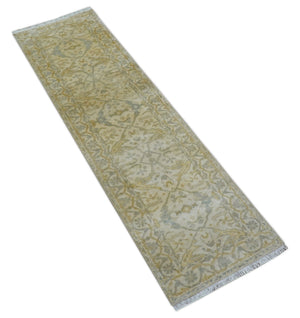 Runner Hand Knotted Traditional Oushak Design Beige 3x10 Wool Rug