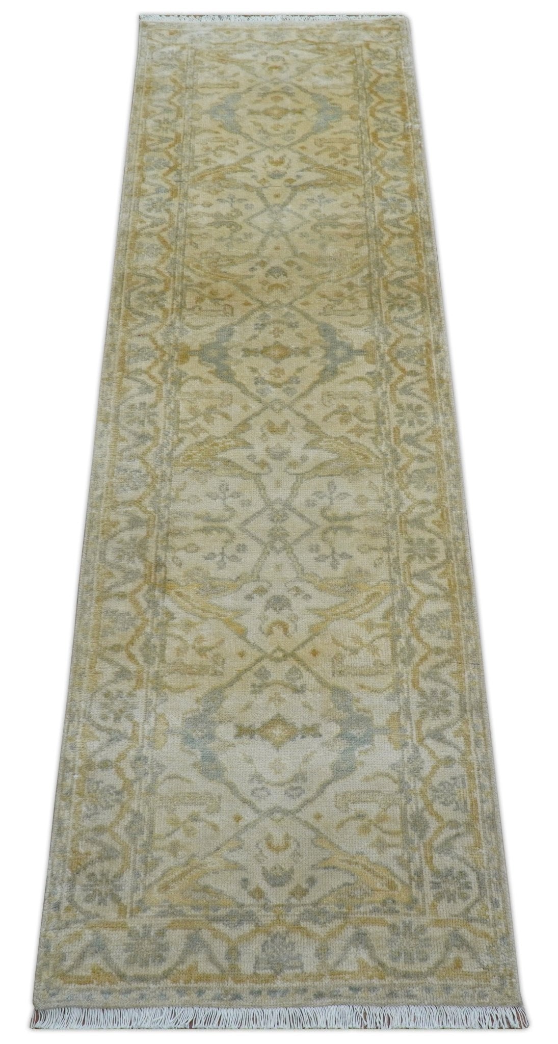 Runner Hand Knotted Traditional Oushak Design Beige 3x10 Wool Rug
