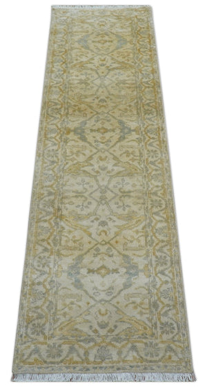 Runner Hand Knotted Traditional Oushak Design Beige 3x10 Wool Rug