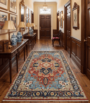 Rust And Blue Traditional Medallion Hand Knotted Wool Area Rug