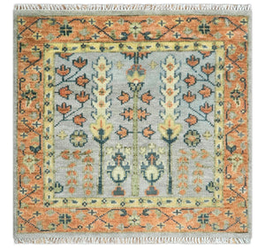 Rust And Silver Tree of life Hand Knotted 4x4 Square Wool Rug