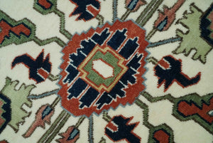 Rust, Ivory and Blue Fine Hand Knotted Traditional Heriz 9x12 wool area rug