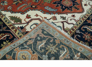 Rust, Ivory and Blue Fine Hand Knotted Traditional Heriz 9x12 wool area rug