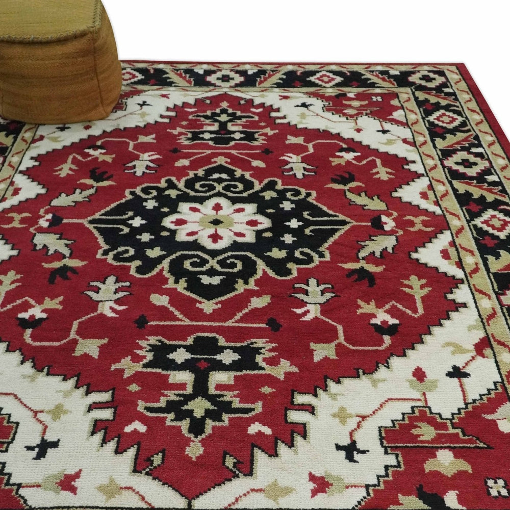 Rust, Ivory, Black and Beige Hand Knotted Traditional Heriz Multi Size wool area Rug