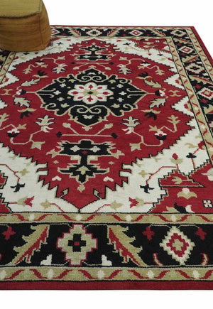 Rust, Ivory, Black and Beige Hand Knotted Traditional Heriz Multi Size wool area Rug