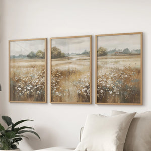 Neutral Floral Field Art Set of 3. Rustic Landscape