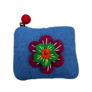 Felt Wool  Bright Sky Blue Coin Purse with Flower Applique