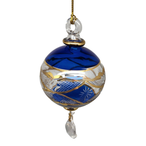 Etched Blown Glass Ball with Crystal Dangle - Blue