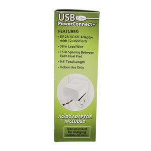 USB Power Extension Cord+ With White Wire and 12 Ports