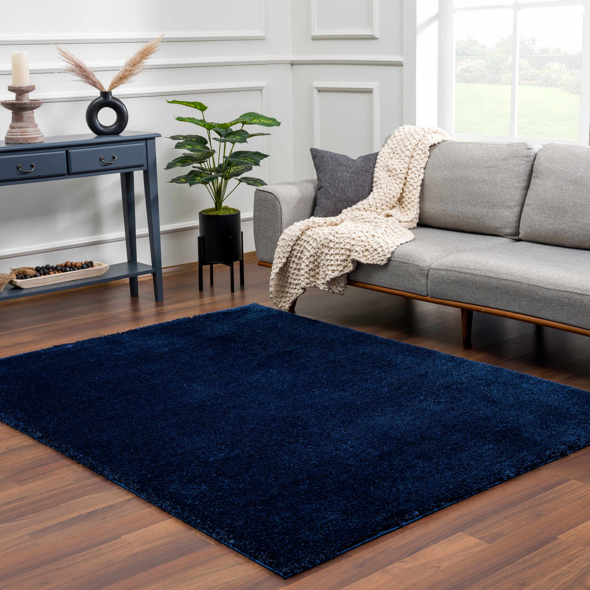 Navero Dark Blue Subtle Wavy Abstract Modern Minimalist Polyester Machine Woven Area Rug - Clearance