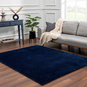 Navero Dark Blue Subtle Wavy Abstract Modern Minimalist Polyester Machine Woven Area Rug - Clearance
