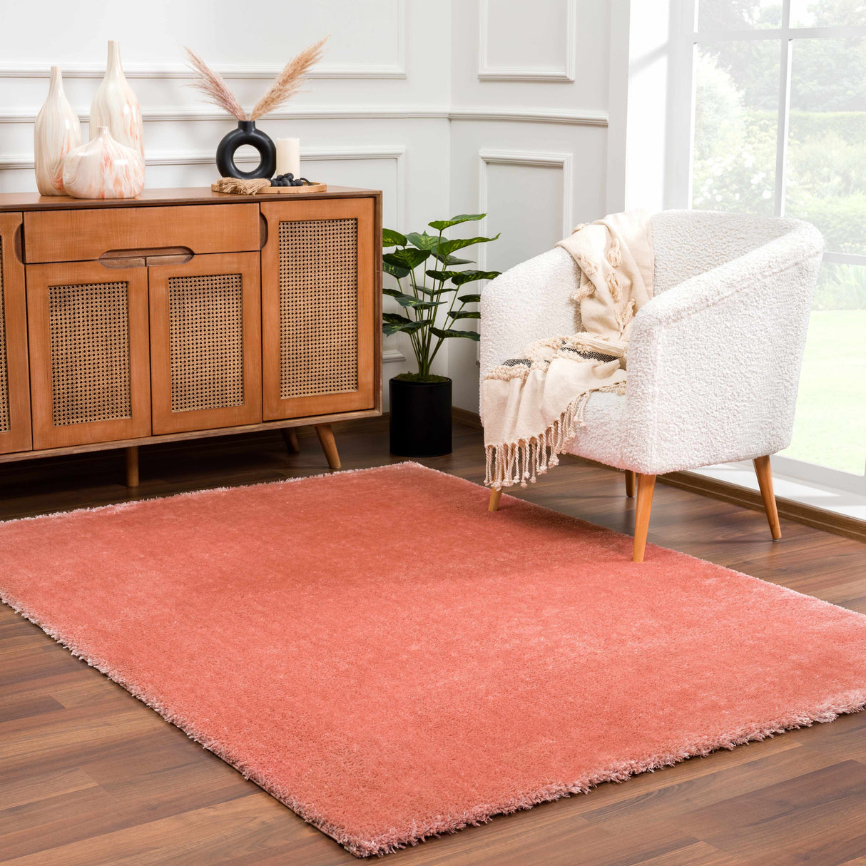 Rosava Dusty Pink Subtle Wavy Abstract Modern Minimalist Polyester Machine Woven Area Rug - Clearance