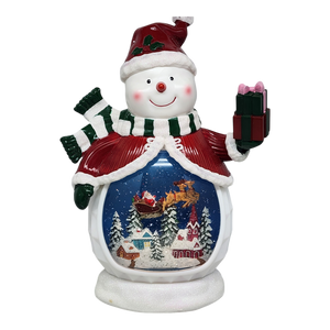 B/O Lighted Musical Spinning Water Globe Snowman with Holiday Scene Red Coat