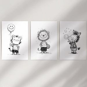 Black White Gender-Neutral Nursery Art Set. Lion Tiger Zebra