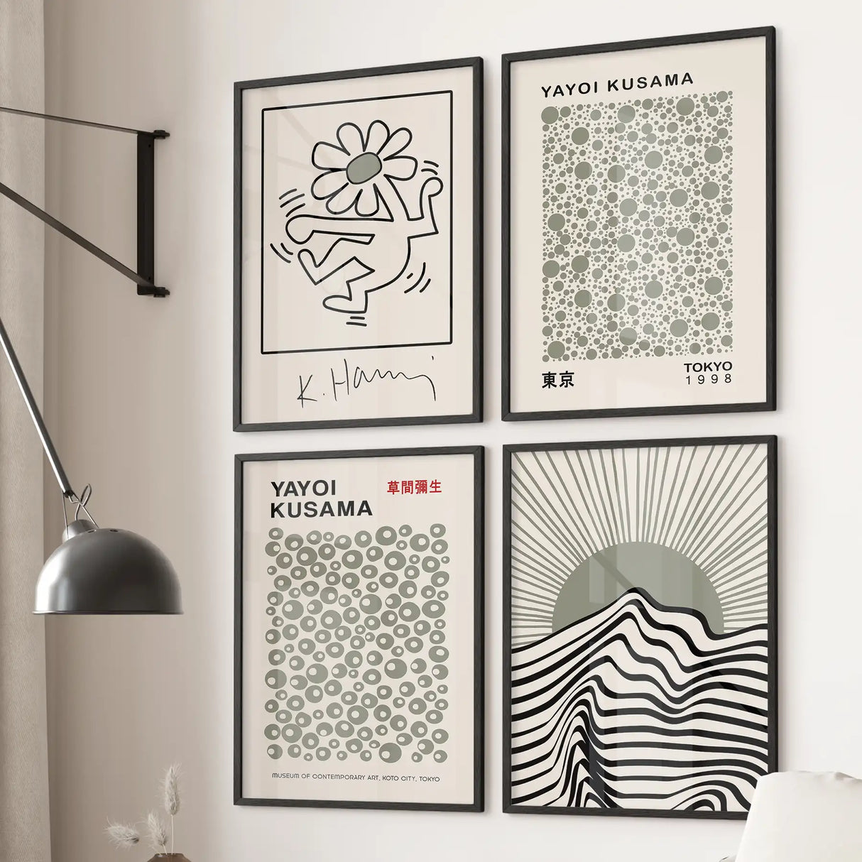 Boho Modern Abstract Set of 4 Prints. Kusama, Haring, Bauhaus