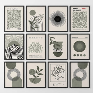 Set of 12 Sage Green Art. Abstract Matisse, Bauhaus MCM Prints