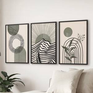 Boho Sage Green 3 Piece Wall Art. Mid-Century Art Prints for Living Room