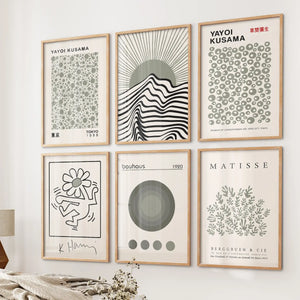 Gallery Wall Set of 6. Sage Green Bauhaus Prints Inspired by Kusama and Matisse