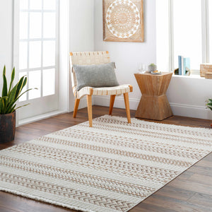 Eiko Beige Textured Saxony Rug with Fringes - Clearance