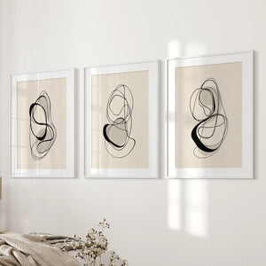 Black and Beige Abstract Set of 3 Wall Art. Minimalist Lines