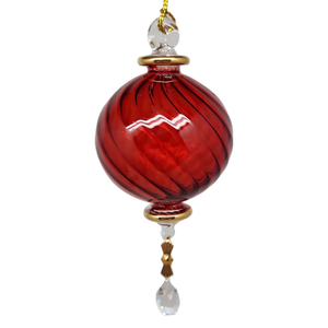 Small Sphere Glass With Ribbed Groove  and Gold Accents - Christmas Red