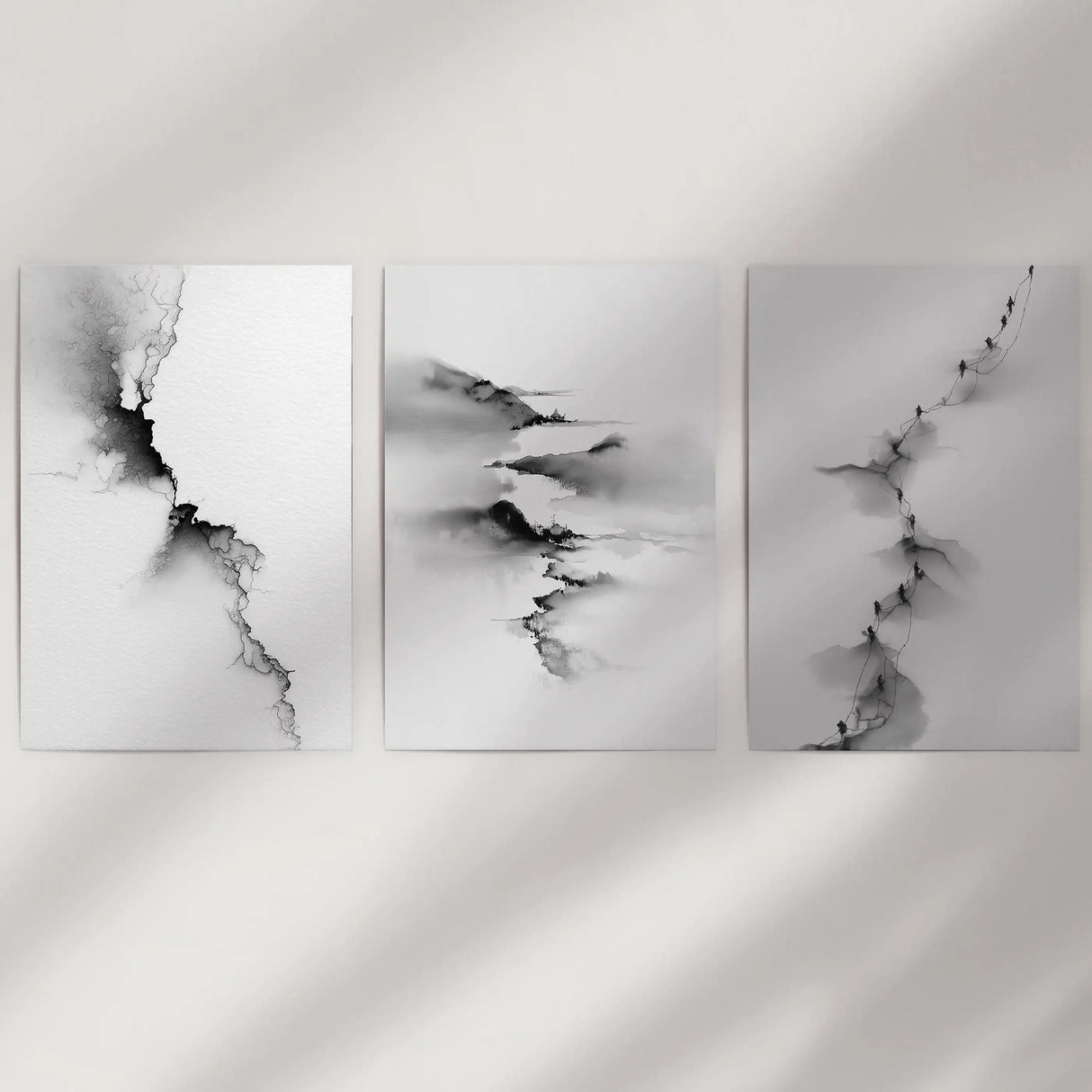 Abstract Mountain 3 Piece Wall Art. Black White Minimalist