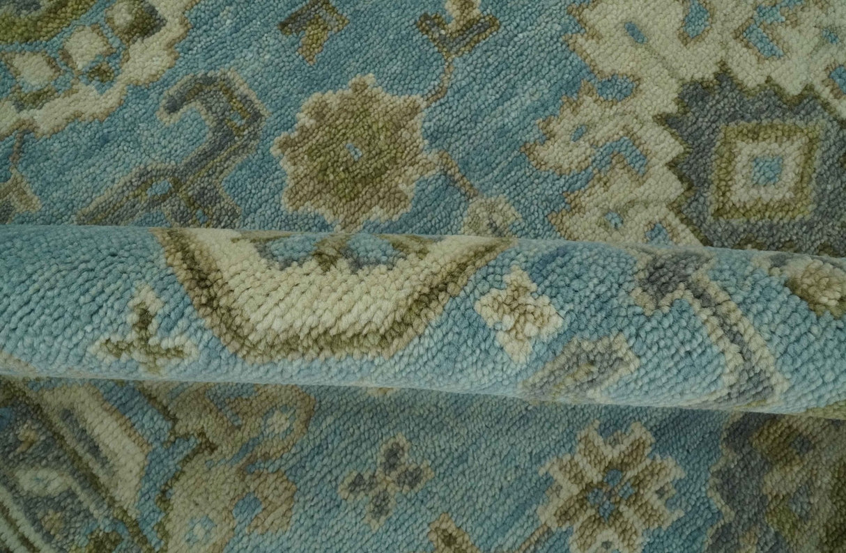 Sea Blue, Green and Ivory 8x10 Hand Knotted Traditional Oriental Oushak wool rug