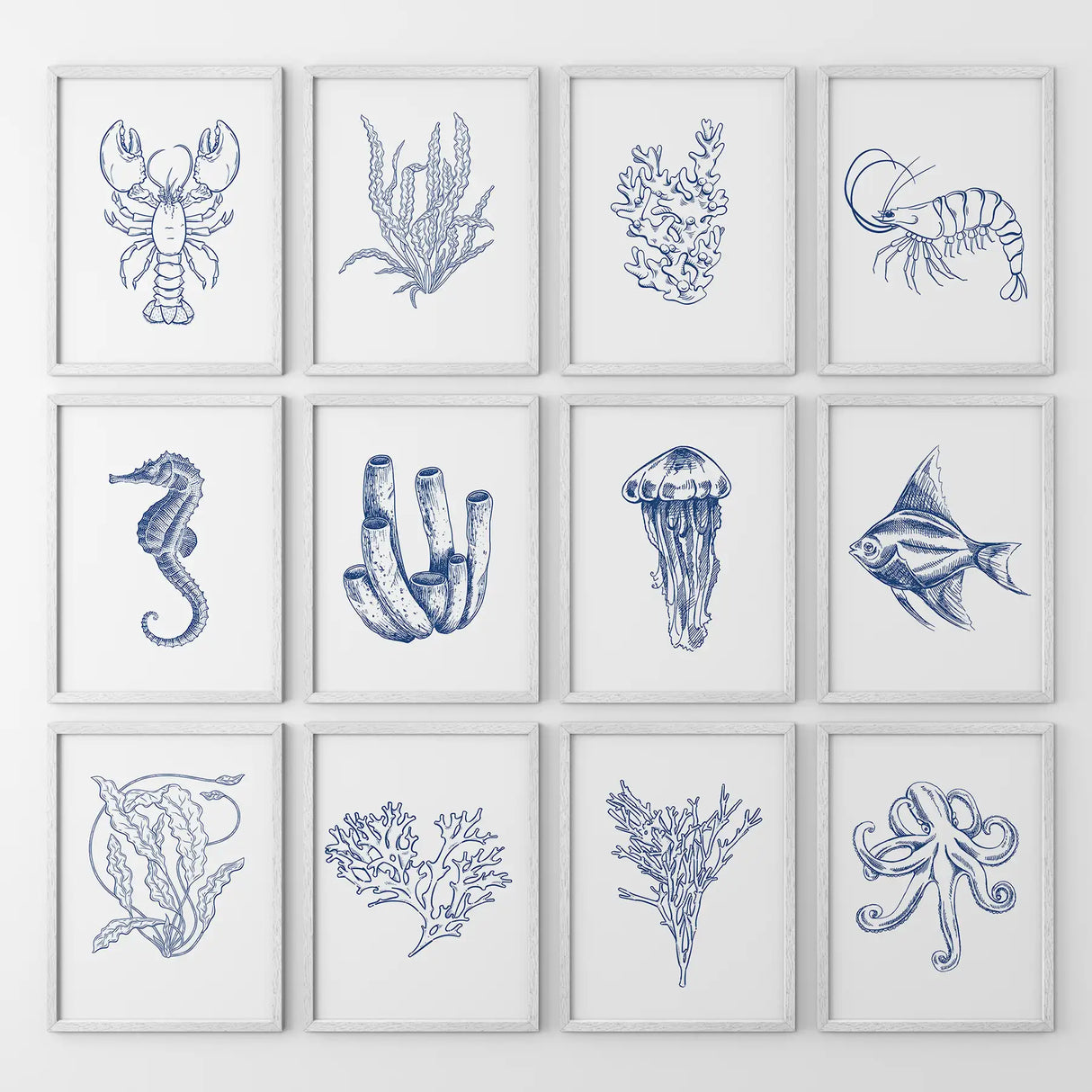 Nautical Modern Marine Life Wall Art. Navy Blue Set of 12