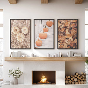Cozy Fall Wall Art Set of 3. Pumpkins and Autumn Leaves