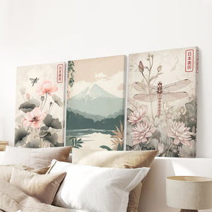 Japandi Style Set of 3 Wall Art. Floral and Mountain Prints